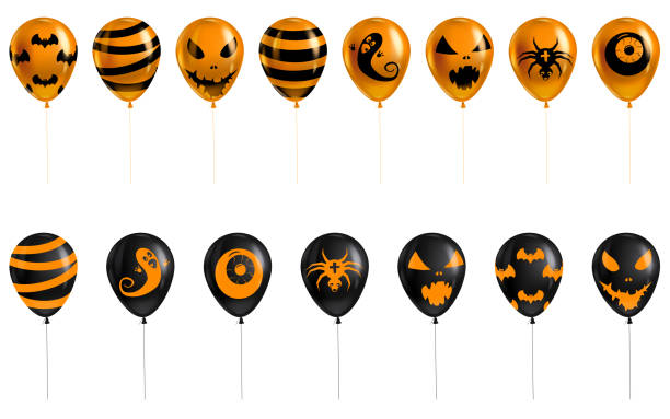 ilustrações de stock, clip art, desenhos animados e ícones de halloween set of balloons 3d realistic, ghost, spider, eye,smile, bat icon symbol, orange black color. vector illustration isolated - bat halloween spider web spooky