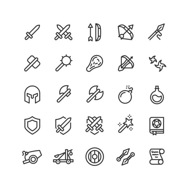 Medieval Weapon Line Icons Editable Stroke Set of medieval weapon line vector icons. Editable stroke. ancient writing tool stock illustrations