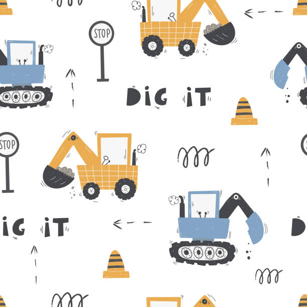 Cute children's seamless pattern with trucks and diggers in Scandinavian style on a white background. Building equipment. Funny construction transport Cute children's seamless pattern with trucks and diggers in Scandinavian style on a white background. Building equipment. Funny construction transport Digital paper metal architecture abstract backgrounds stock illustrations