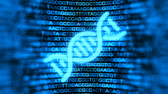 Digital screen with DNA strands and data background. Double helix structure. Nucleic acid sequence. Genetic research. 3d illustration.