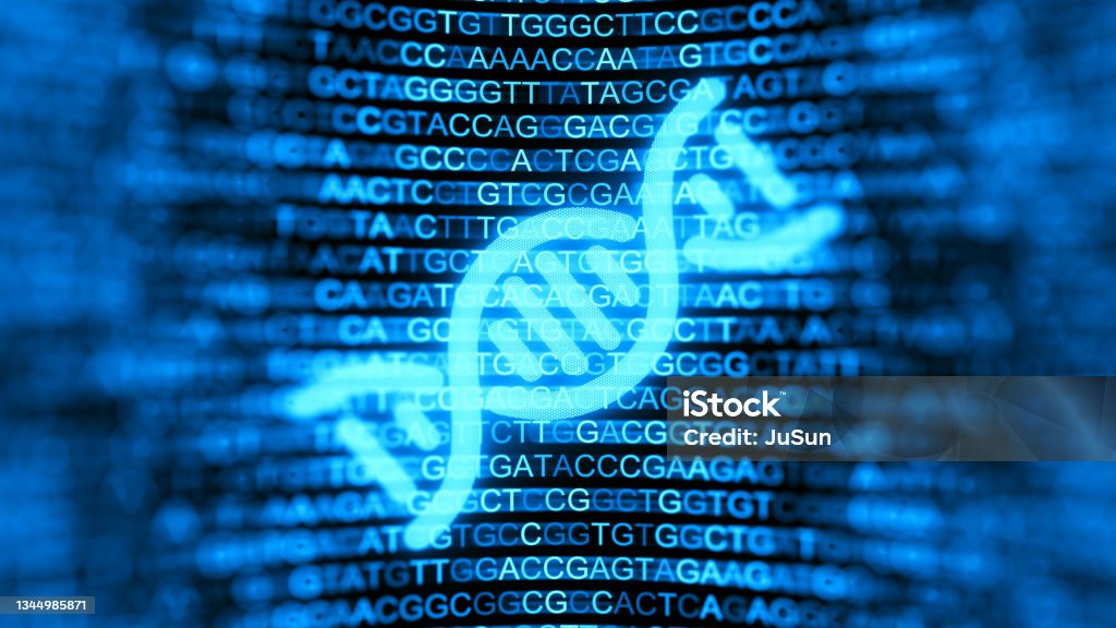 Digital screen with DNA strands and data background. Double helix structure. Nucleic acid sequence. Genetic research. 3d illustration. DNA Stock Photo