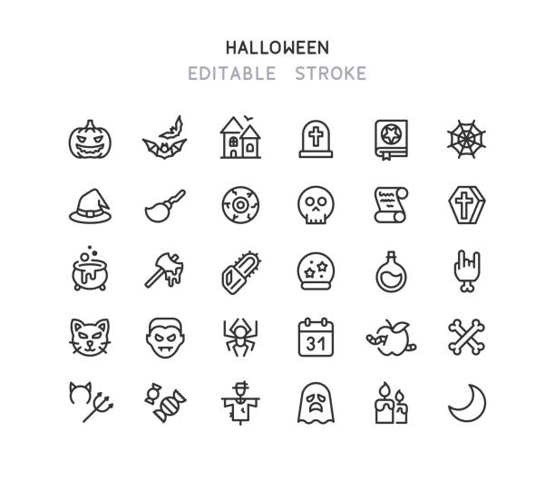 halloween line icons editable stroke - spooky mammal feline domestic cat stock-grafiken, -clipart, -cartoons und -symbole