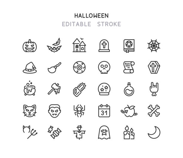 ilustraciones, imágenes clip art, dibujos animados e iconos de stock de iconos de línea de halloween trazo editable - halloween horror vampire witch