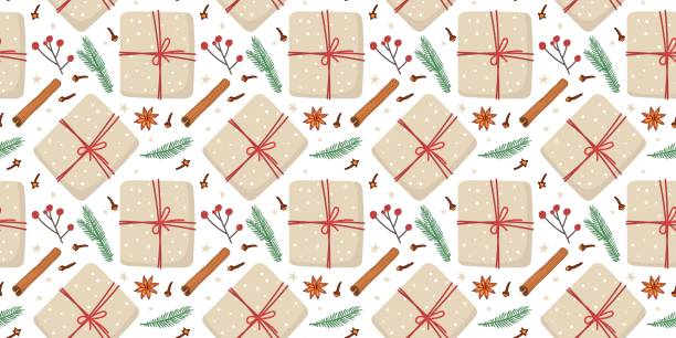 бесшовный узор с рождественской подарочной коробкой в крафтовой бумаге и природном декоре, еловой веткой, палочкой корицы, анисом, красным� - string package brown paper stock illustrations