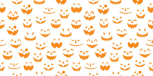 Orange Pumpkin Faces On White Background Vector seamless pattern of orange pumpkin faces on a white background. halloween pumpkin decorations stock illustrations