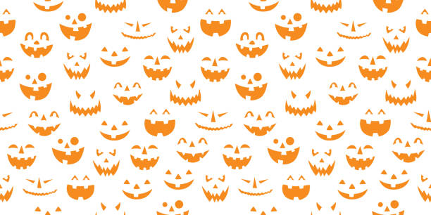 Orange Pumpkin Faces On White Background Vector seamless pattern of orange pumpkin faces on a white background. anthropomorphic stock illustrations