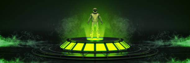 istock Futuristic Sci Fi Modern Empty Big Hall Dark, Alien Garage Sci Fi. Astronaut spacesuit. 3d rendering 1344987264