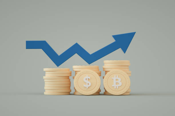 istock Stacks of Bitcoin and Dollar with Arrow Chart 1344987620