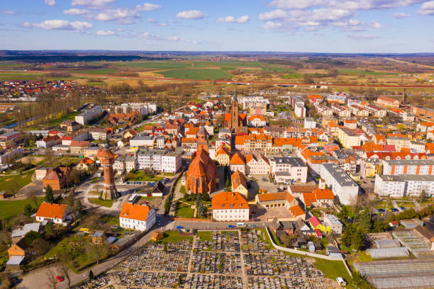 View from drone of Zmigrod townscape on sunny spring day, Lower Silesia Province, Poland