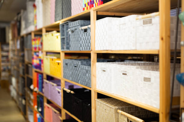 istock Bathroom boxes for linen on store shelves 1344989558