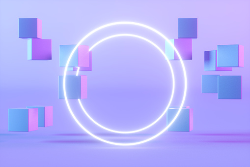 3D rendering of Flying Cubes with Empty Neon Frame on Color Gradient Background. Futuristic concept.