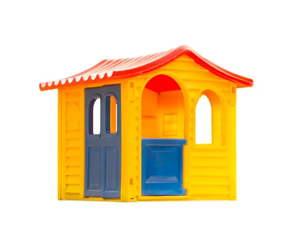 colorful yellow, blue and red plastic play house on white