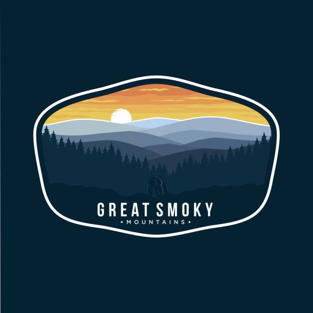ilustraciones, imágenes clip art, dibujos animados e iconos de stock de great smokey mountains national park emblem emblem icono de icono sobre fondo oscuro - parque nacional de las grandes montañas humeantes