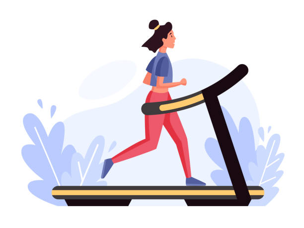 Athletic woman running on the treadmill. Concept illustration of actives, sport, cardio, gym. Athletic woman running on the treadmill. Concept illustration of actives, sport, cardio, gym. Vector flat illustration. treadmill stock illustrations