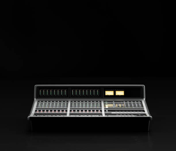istock Music instriument, audio sound mixer, synthesizer in a dark studio, 3d rendering 1344991502