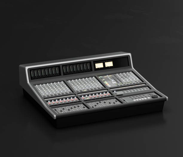 istock Music instriument, audio sound mixer, synthesizer in a dark studio, 3d rendering 1344992237