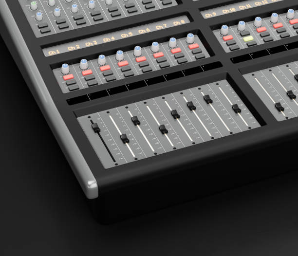istock Music instriument, audio sound mixer, synthesizer in a dark studio, 3d rendering 1344992337