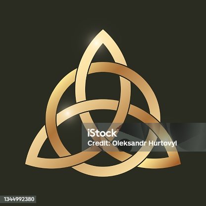istock Celtic triquetra knot on black background. Golden celtic trinity knot. Intertwined triangular figure 1344992380