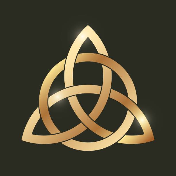 Celtic triquetra knot on black background. Golden celtic trinity knot. Intertwined triangular figure Celtic triquetra knot on black background. Golden celtic trinity knot. Intertwined triangular figure. Wiccan divination and protection symbol. Ancient occult sign. Logo template. Vector illustration celtic shamrock tattoos stock illustrations