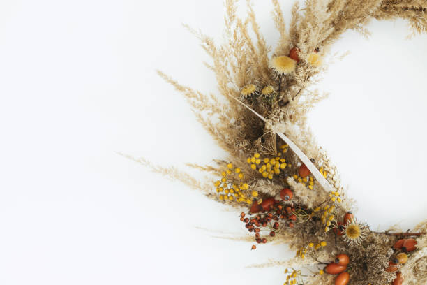 istock Stylish autumn rustic wreath isolated on white, close up. Creative boho wreath with dried pampas grass, wildflowers, wheat, berries on white wall. Hello Fall.  Happy Thanksgiving. Space for text 1344994723