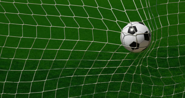 グリーンピッチでゴールネットで得点するサッカーボール - soccer man made material goal post grass ストックフォトと画像