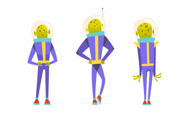 illustrations, cliparts, dessins animés et icônes de drôle de personnage extraterrestre vert portant une combinaison spatiale debout et souriant vector set - mascot alien space mystery