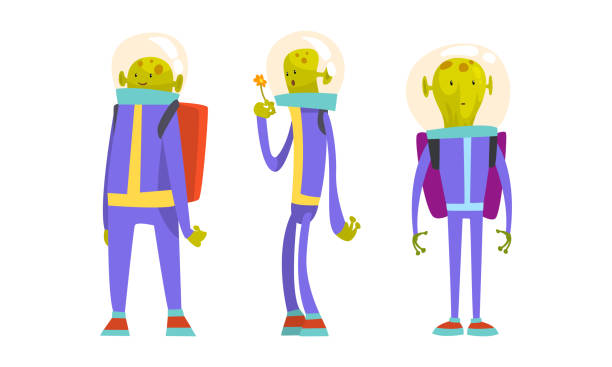 illustrations, cliparts, dessins animés et icônes de drôle de personnage extraterrestre vert portant une combinaison spatiale debout avec un ensemble de vecteurs de fleurs - mascot alien space mystery