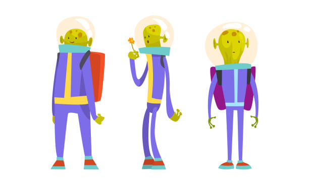 zabawna zielona postać obcego w skafandrach kosmicznych stojąca z kwiatowym zestawem wektorowym - mascot alien space mystery stock illustrations