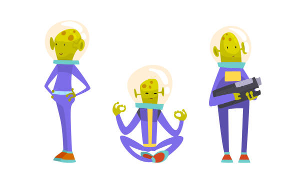 illustrations, cliparts, dessins animés et icônes de drôle de personnage extraterrestre vert portant une combinaison spatiale tenant une arme et assis dans lotus yoga pose vector set - mascot alien space mystery