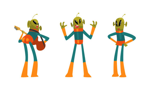 illustrazioni stock, clip art, cartoni animati e icone di tendenza di divertente visitatore alieno verde con antenna che suona la chitarra e set vettoriale di smorfie - mascot alien space mystery