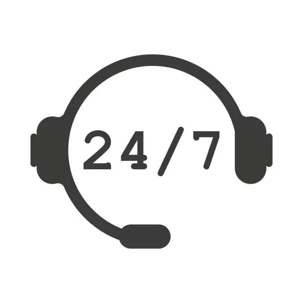 Vector illustration of Call or support center, 24 and 7. White icon with shadow on transparent background