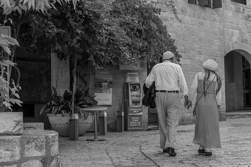 Jerusalem, Israel - June 19, 2019: An old Jewish couple in Sabbath day