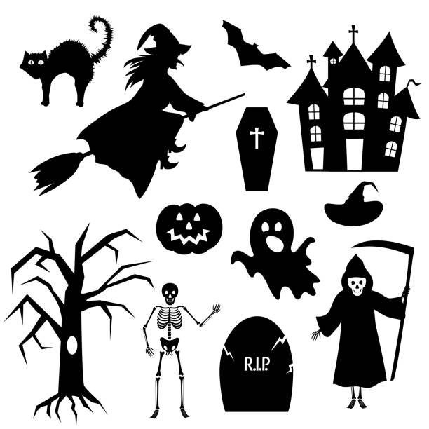 할로윈 파티를위한 벡터 실루엣 세트 - halloween invitation vector coffin stock illustrations