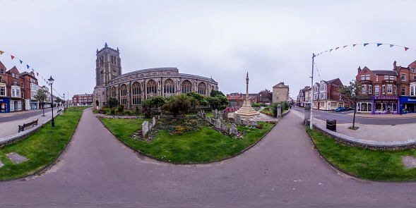 Cromer, Norfolk, UK – 360 spherical panorama captured in the seaside town of Cromer on the North Norfolk coast. Cromer is stunning in the sun however it is equally as scenic in foggy weather, just in a different way