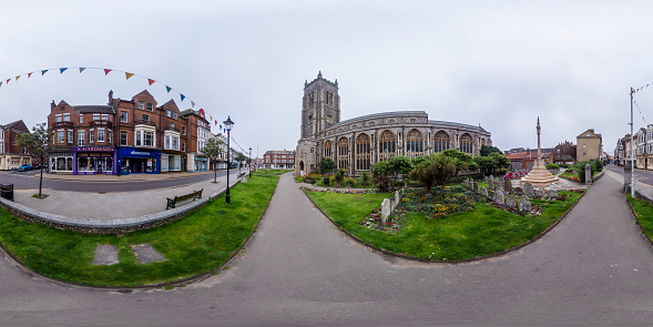 Cromer, Norfolk, UK – 360 spherical panorama captured in the seaside town of Cromer on the North Norfolk coast. Cromer is stunning in the sun however it is equally as scenic in foggy weather, just in a different way