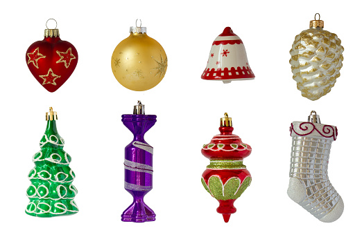 Set of vintage Christmas decorations isolated on a white background. Preparing for the New Year and Christmas.