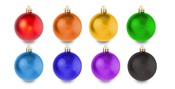 Many hanging multicolored Christmas balls isolated on white background. Preparing for the New Year and Christmas.