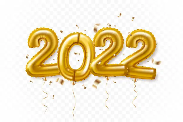 Vector illustration of Happy New Year 2022. Gold foil balloons with ribbon and falling confetti in realistic 3d style. Isolated on transparent background. Ideal for greeting card, party invitation, banner. Vector eps 10.