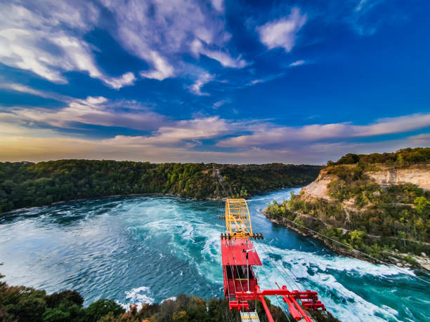 Whirlpool Aero Car over Niagara Falls Rapids. The cable car traveling between Canada and United States closed during pandemic.