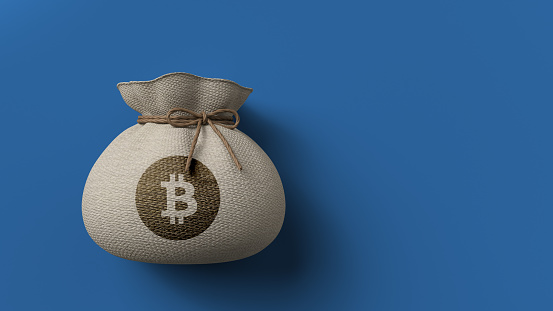 moneybag with a bitcoin symbol on colorful background - 3d illustration