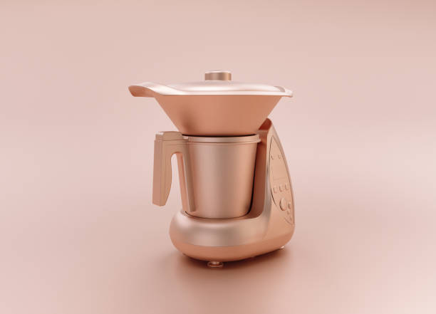 istock Anodized Rose Gold Material single color kitchen appliance, Pressure Cooker, on light pinkish color background, 3d rendering, utensil 1345003077