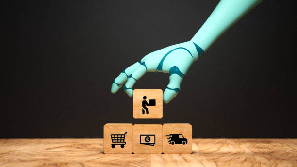 robot arm placing a cube with a delivery symbol on a stack of other cubes in front of a blackboard - 3d illustration stock photo