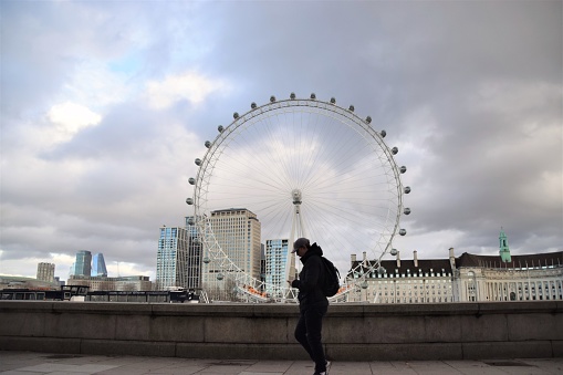 London, United Kingdom - January 29 2021: A man walks past the London Eye.