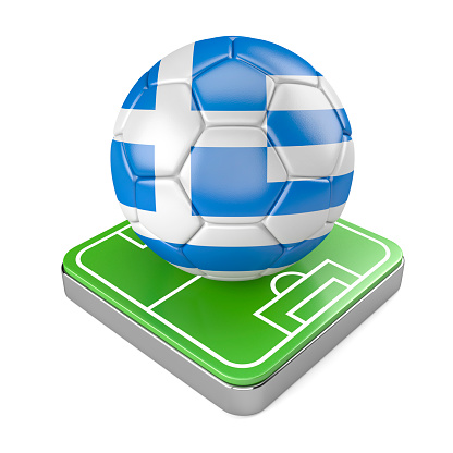 Soccer Ball Icon with National Flag of Greece and Soccer Field. 3D Illustration