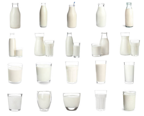 istock Set with different glassware of fresh milk on white background 1345006030