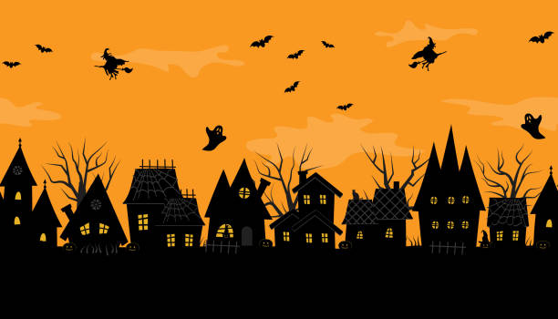 halloween stadt. gruselige häuser. nahtloser rahmen - halloween witch domestic cat frame stock-grafiken, -clipart, -cartoons und -symbole