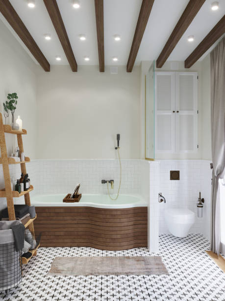 istock Bathroom interior. Wooden beams on the ceiling. 3D render. 1345007182
