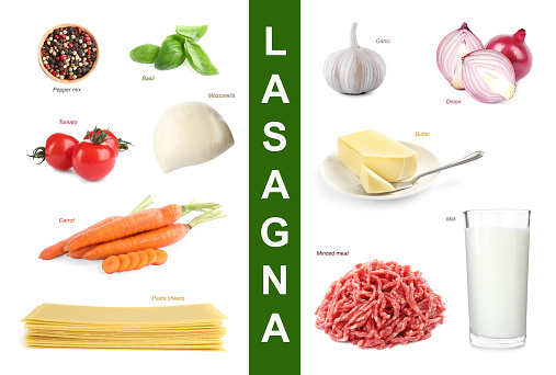 Set with different ingredients on white background. Lasagna recipe