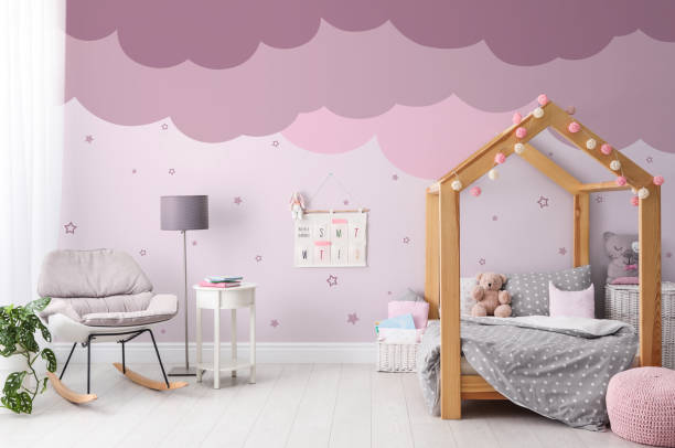 istock Stylish child room interior with comfortable bed 1345007459
