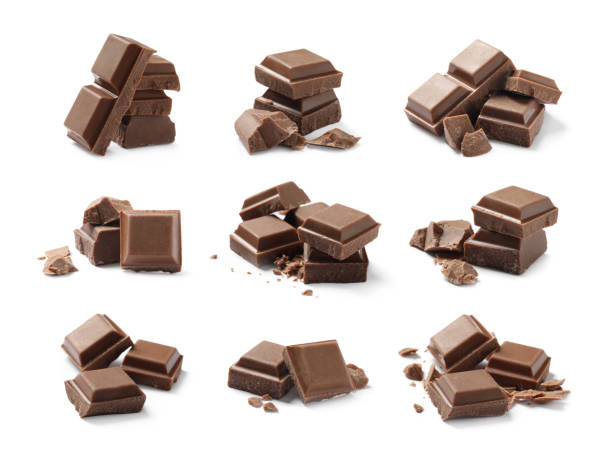 set with pieces of milk chocolate on white background - chocolate imagens e fotografias de stock